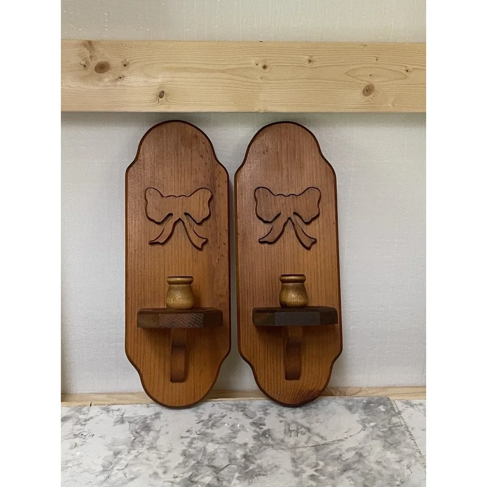 Vintage Bow Wooden Wall Sconce Candle Holder Set Of 2 Cottage Core Decor